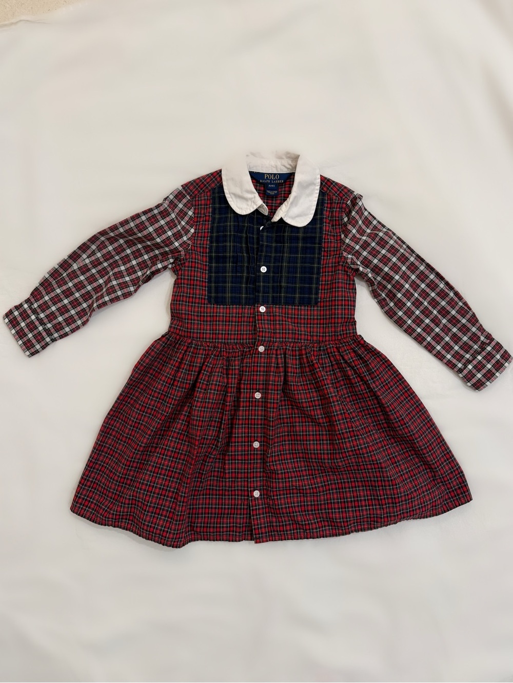 Polo Ralph Lauren Girls Plaid Dress 4T White Collar, Long Sleeve, Button Front